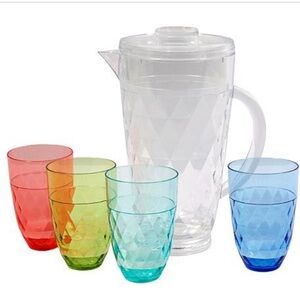 5-piece Nesting Clear Acrylic Pitcher Set With Assorted Color Glasses